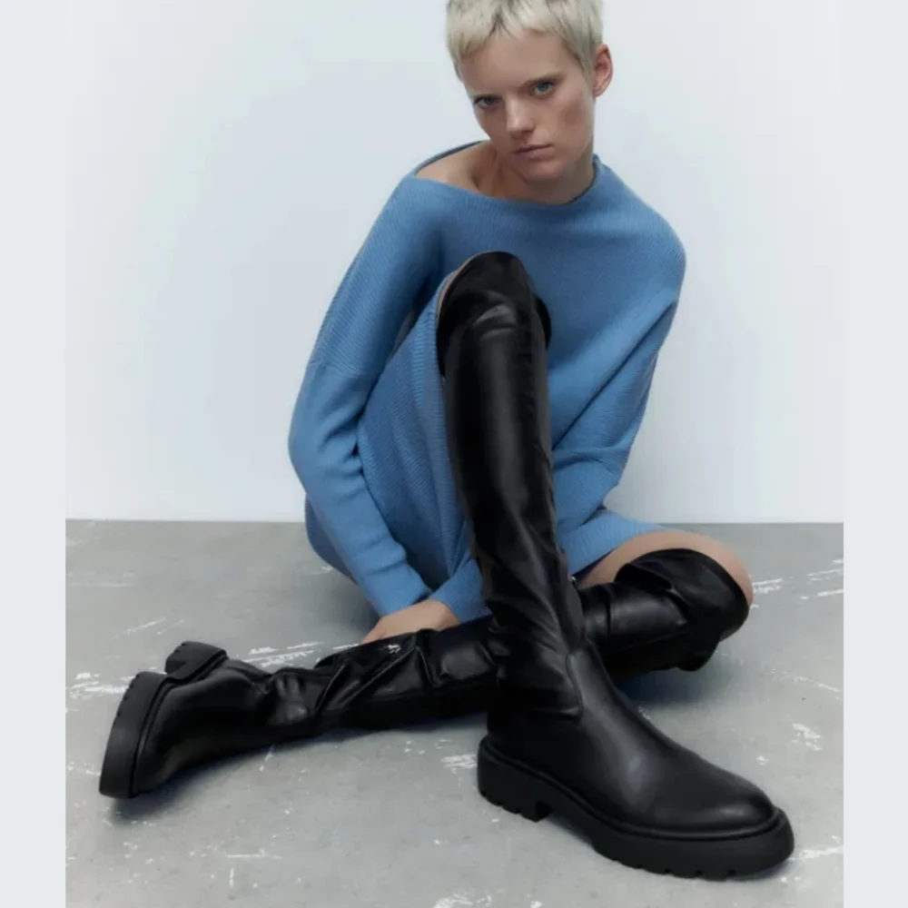 NWT Zara Black over the knee boots flat low heel black size 10/41